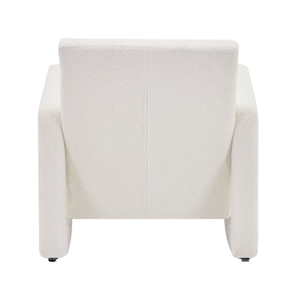 Ligeia Boucle Padded Rocking Chair in Cream White features a minimalist block silhouette with low backrest, wide arms, and textured upholstery, offering modern style and plush comfort for any room.