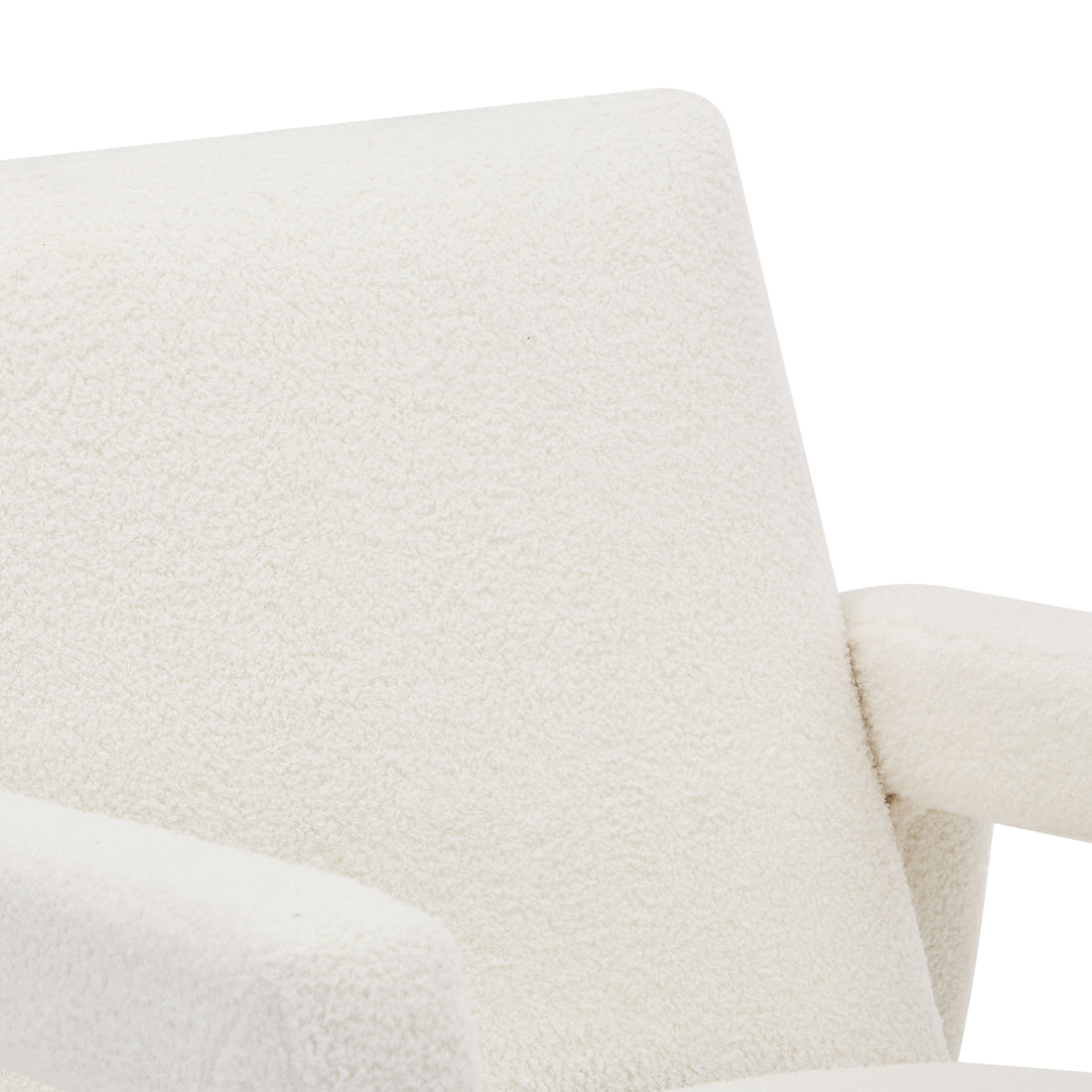 Close-up of the Ligeia Boucle Padded Rocking Chair in Cream White, showcasing its plush boucle fabric upholstery on the backrest and arm, highlighting comfort and modern design.