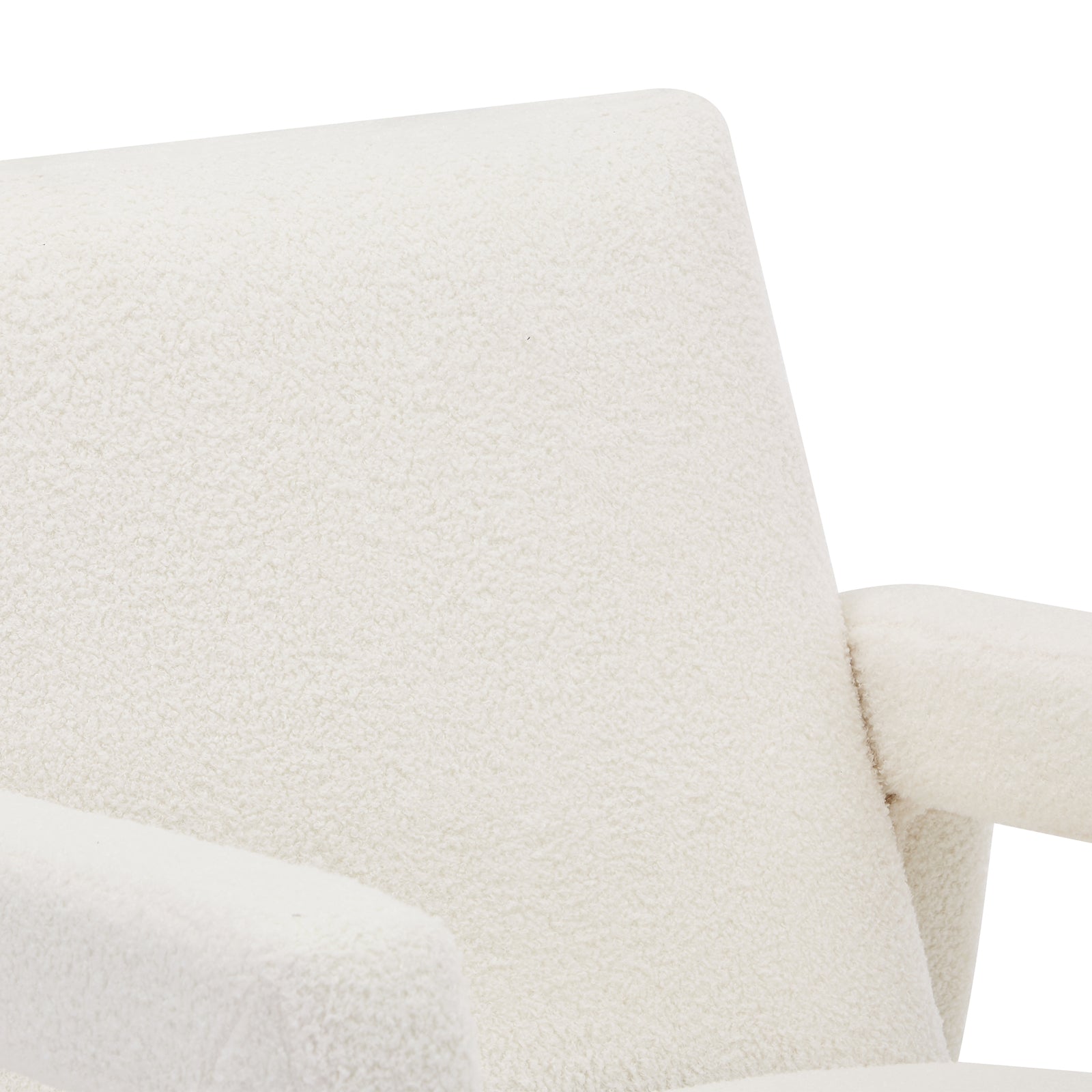 Close-up of the Ligeia Boucle Padded Rocking Chair in Cream White, showcasing its plush boucle fabric upholstery on the backrest and arm, highlighting comfort and modern design.
