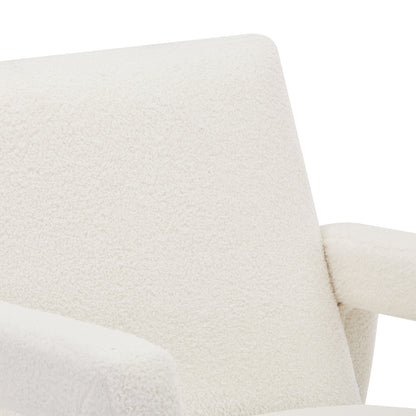 Close-up of the Ligeia Boucle Padded Rocking Chair in Cream White, showcasing its plush boucle fabric upholstery on the backrest and arm, highlighting comfort and modern design.