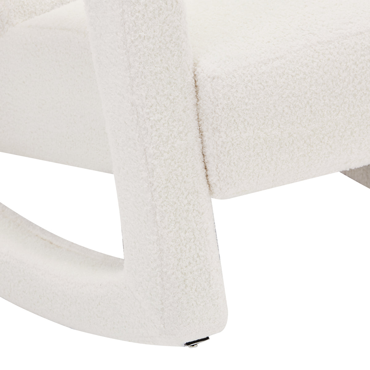 Close-up of Ligeia Boucle Padded Rocking Chair in Cream White, featuring textured boucle upholstery on armrest and curved rocker rail, highlighting its plush design and modern aesthetic.