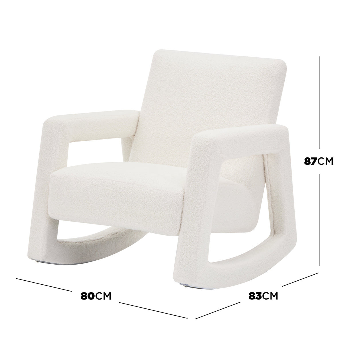 Ligeia Boucle Padded Rocking Chair in Cream White, featuring a modern low-slung design with boucle upholstery, angular armrests, and trapezoid-shaped rockers, measuring 80cm deep, 83cm wide, and 87cm tall.