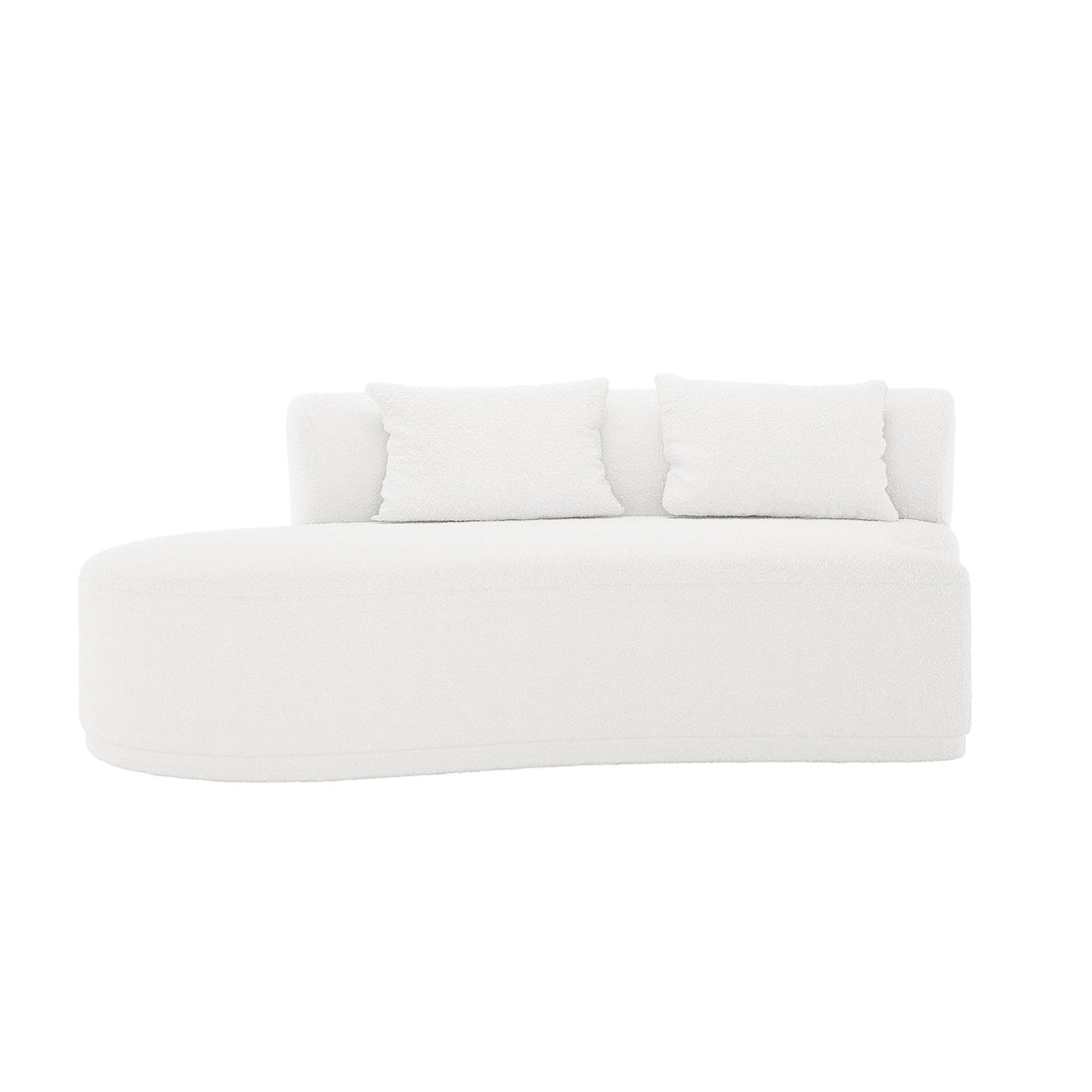 Lyana 4 Seater Boucle Sofa with Left Chaise in Cream White, featuring a modern, curved design with two matching back cushions, set against a plain white background.