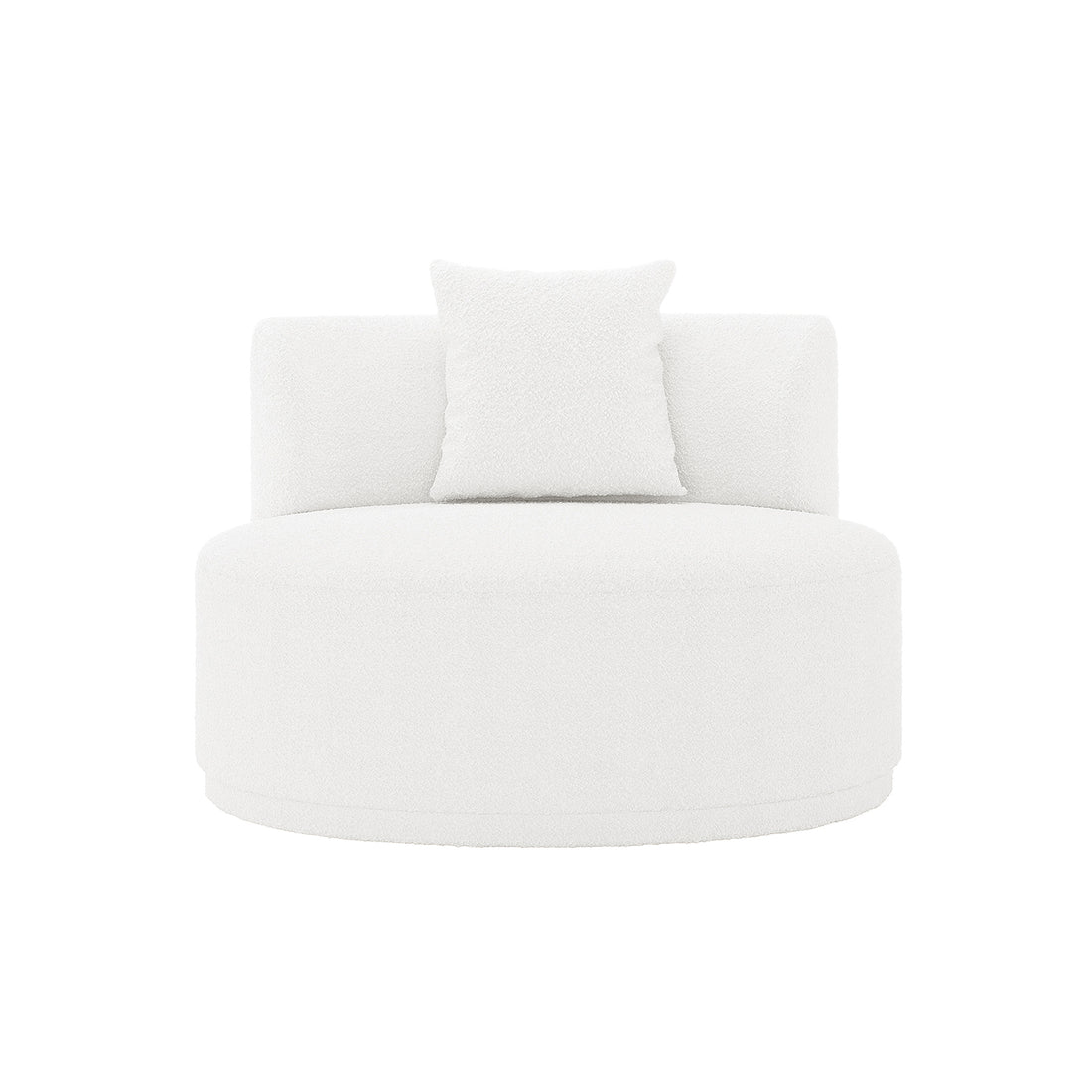 Lyana Single Seater Bouclé Sofa in Cream White with a round upholstered design, low backrest, cylindrical seat, and central throw pillow, showcasing minimalist, modern elegance and plush comfort.