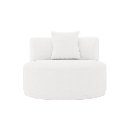 Lyana Single Seater Bouclé Sofa in Cream White with a round upholstered design, low backrest, cylindrical seat, and central throw pillow, showcasing minimalist, modern elegance and plush comfort.