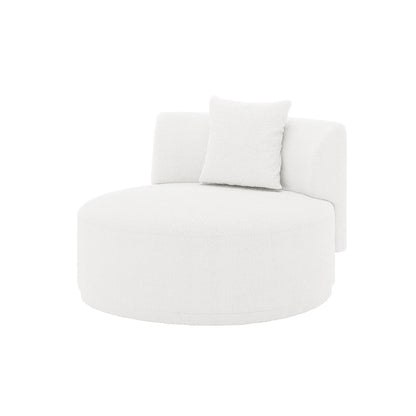 Lyana Single Seater Bouclé Sofa in Cream White, features a modern circular design with a textured fabric, low drum-shaped base, curved backrest, and a throw pillow, exuding elegance and comfort.