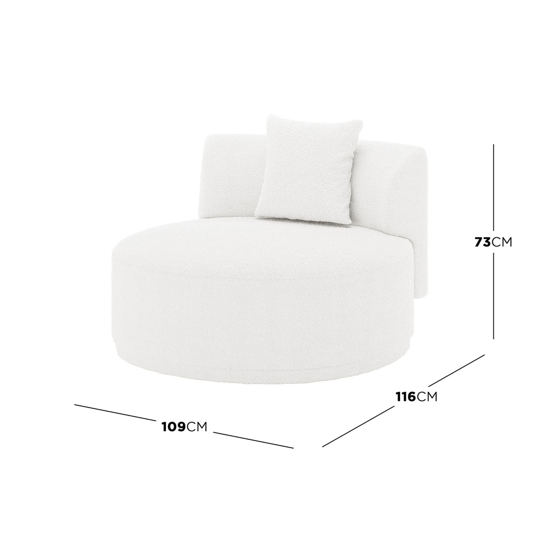 Lyana Single Seater Bouclé Sofa in Cream White, a round lounge chair with semicircular backrest, upholstered in textured bouclé fabric. Includes loose square cushion. Dimensions: 109cm width, 116cm depth, 73cm height.