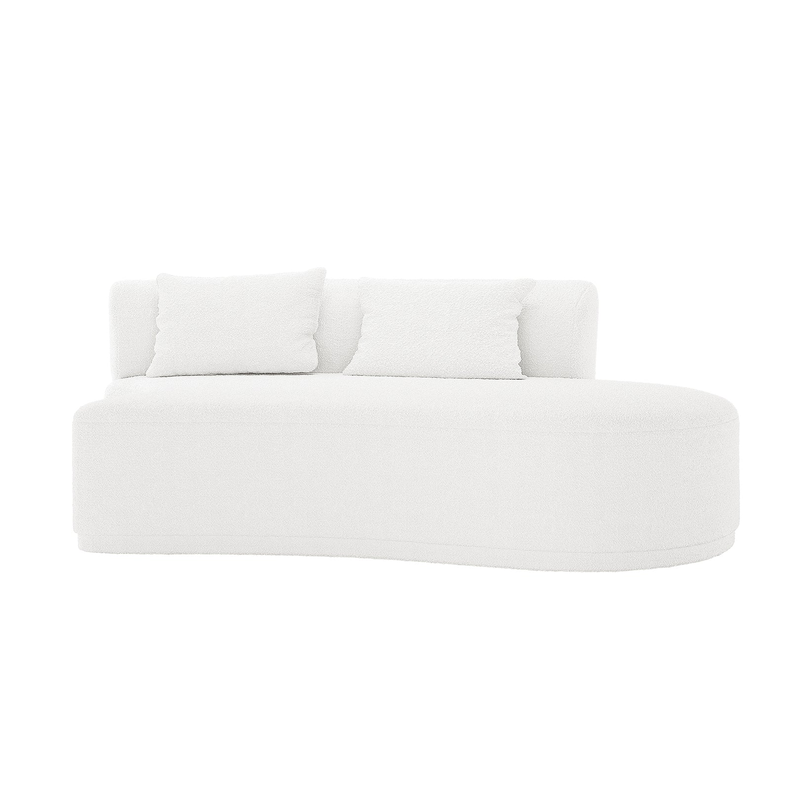 Lyana 4 Seater Boucle Sofa with Right Chaise in Cream White features a gently curved seat, two matching throw pillows, and a modern all-white upholstered design, ideal as a chic centerpiece.