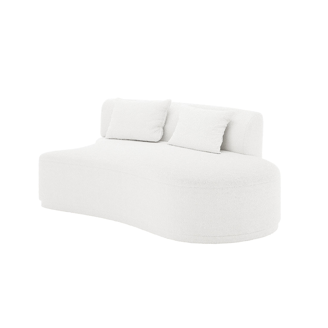 Lyana 4 Seater Boucle Sofa with Right Chaise in Cream White, featuring a modern curved design, upholstered in bouclé fabric, with a low backrest and two matching throw pillows.