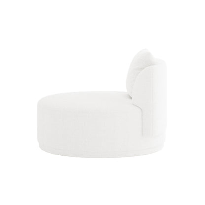 Lyana 4 Seater Boucle Sofa with Right Chaise in Cream White featuring a modern circular design, upholstered in white bouclé-style fabric, with a low seat and a single curved backrest cushion.
