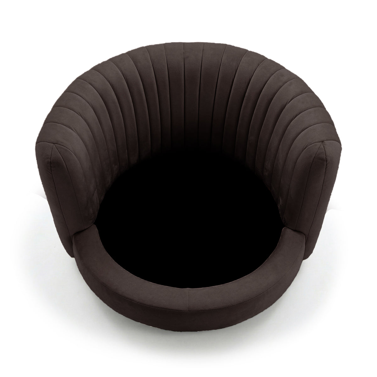 Marvik 360° Swivel Accent Chair in Deep Mocha Brown, featuring a round, barrel-style design with a deep, curved seat and high, wraparound back, highlighted by vertical channel-stitched padding.