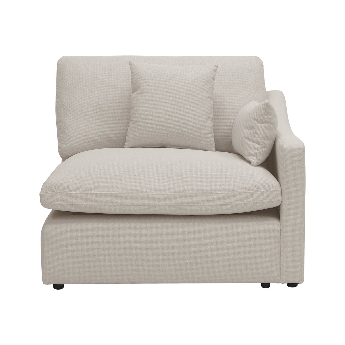 Millie 3-Seater Fabric Modular Sofa Light Beige, featuring plush white pillows, is elegantly displayed on a couch, highlighting its inviting style and versatile design in a modern living space.