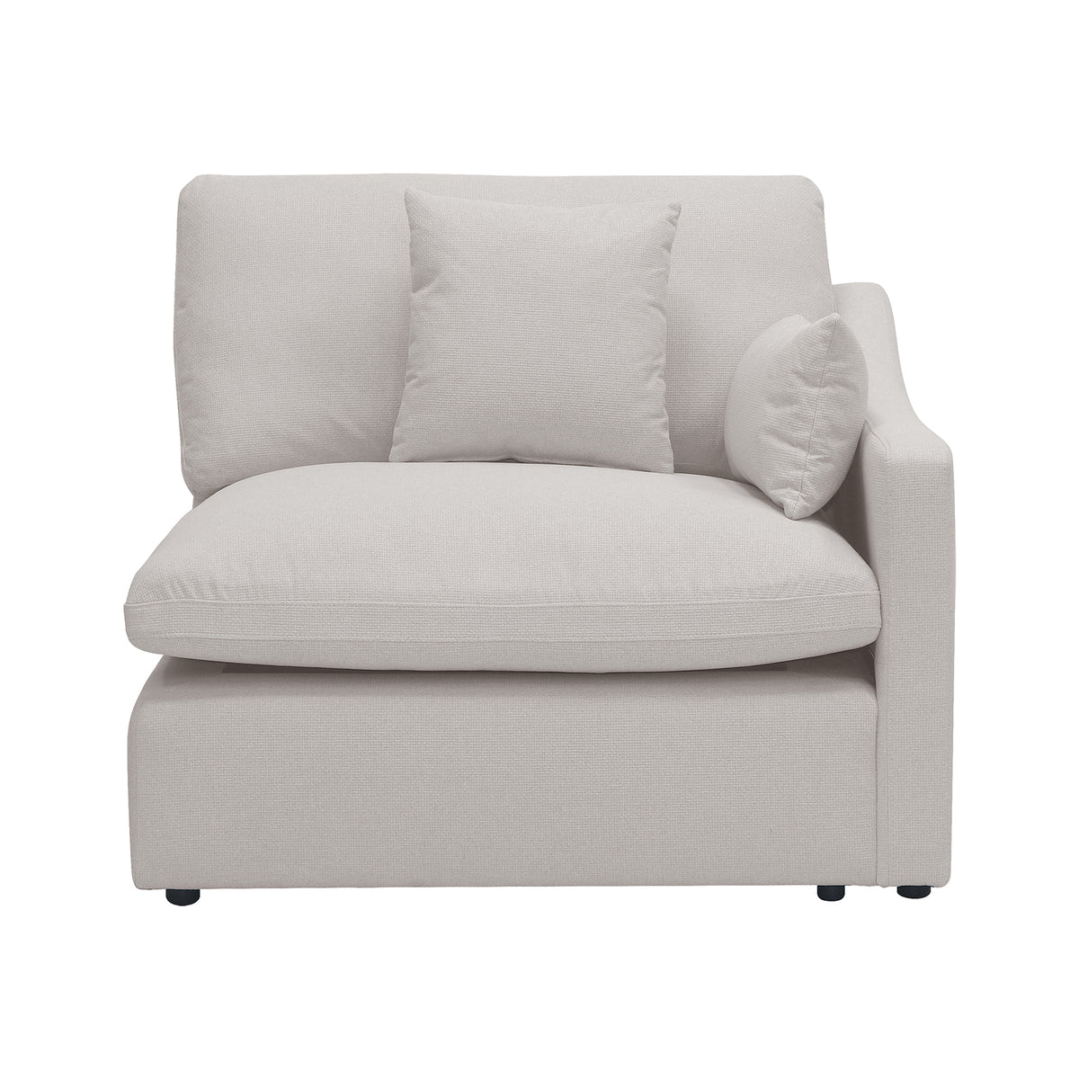 Millie 4-Seater Fabric Corner Chaise Sofa, highlighting its plush cushion and premium woven linen, showcasing the sofa's comfort and modern design.