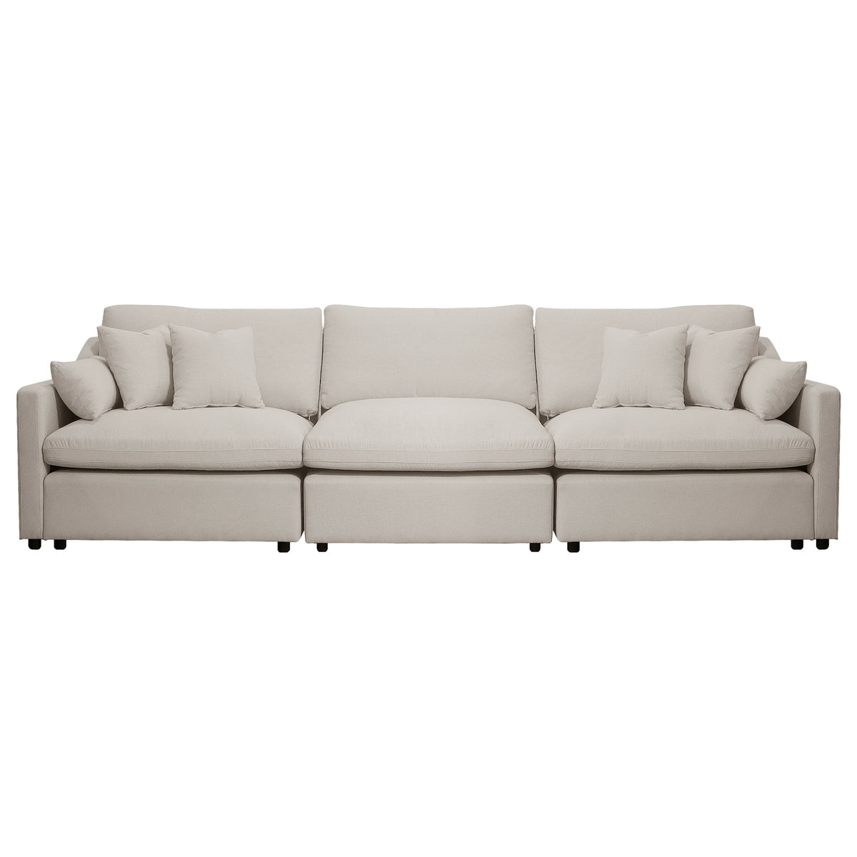 Millie 4-Seater Fabric Modular Sofa Light Beige featuring plush cushions and a versatile modular design, perfect for customizable living spaces. Ideal for relaxation or entertainment, with modern, minimalist lines.