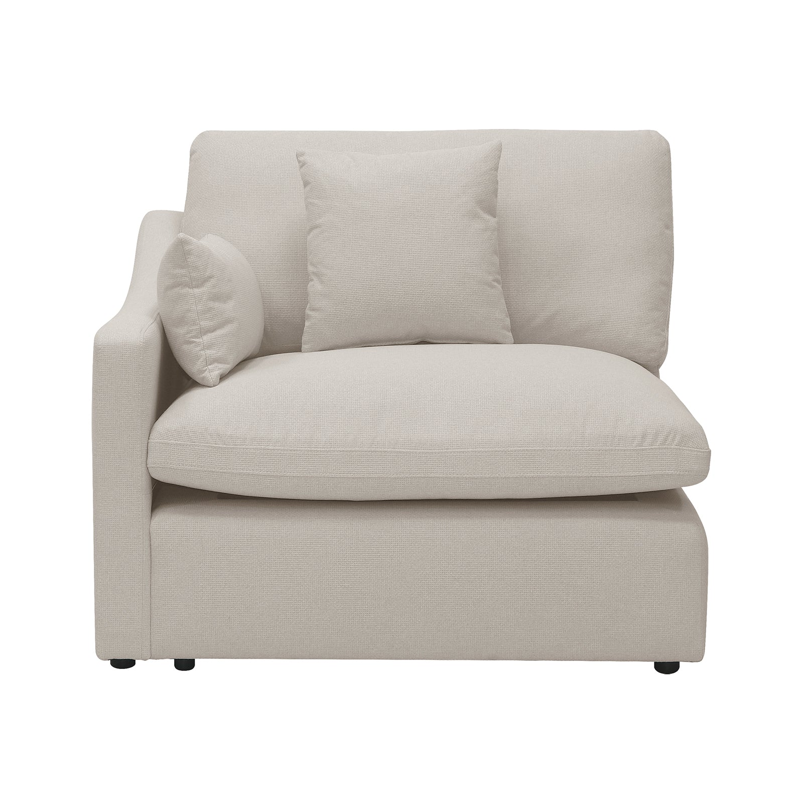 Millie 4-Seater Fabric Modular Sofa Light Beige on couch, showcasing its plush, deep seats and modular design, perfect for adaptable living spaces, captured in a close-up view.