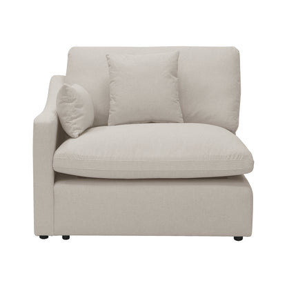Millie 4-Seater Fabric Modular Sofa Light Beige on couch, showcasing its plush, deep seats and modular design, perfect for adaptable living spaces, captured in a close-up view.