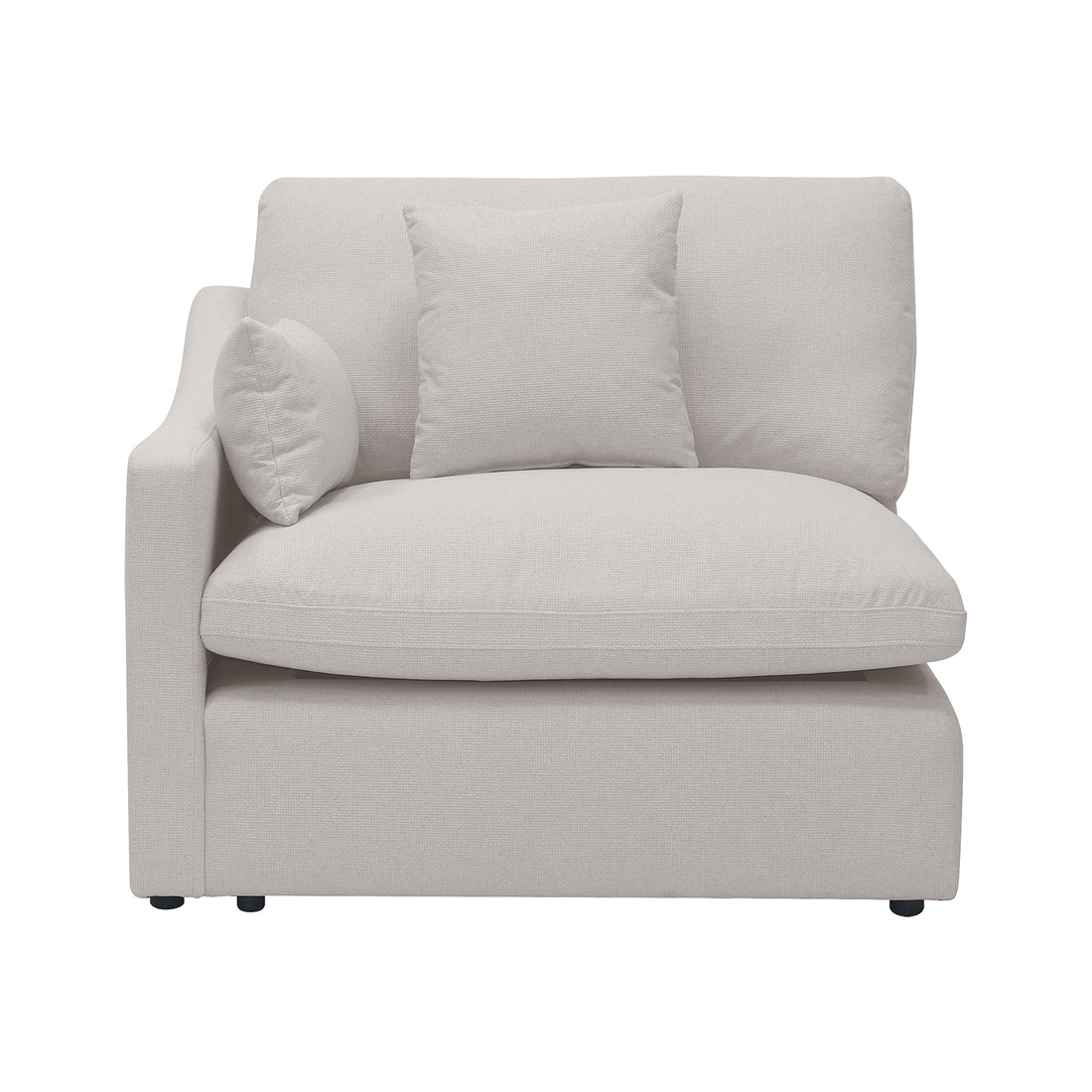 Millie 5-Seater Fabric Modular Sofa in light grey, showcasing its plush cushions and woven upholstery, designed for comfort and style in a living room setting.