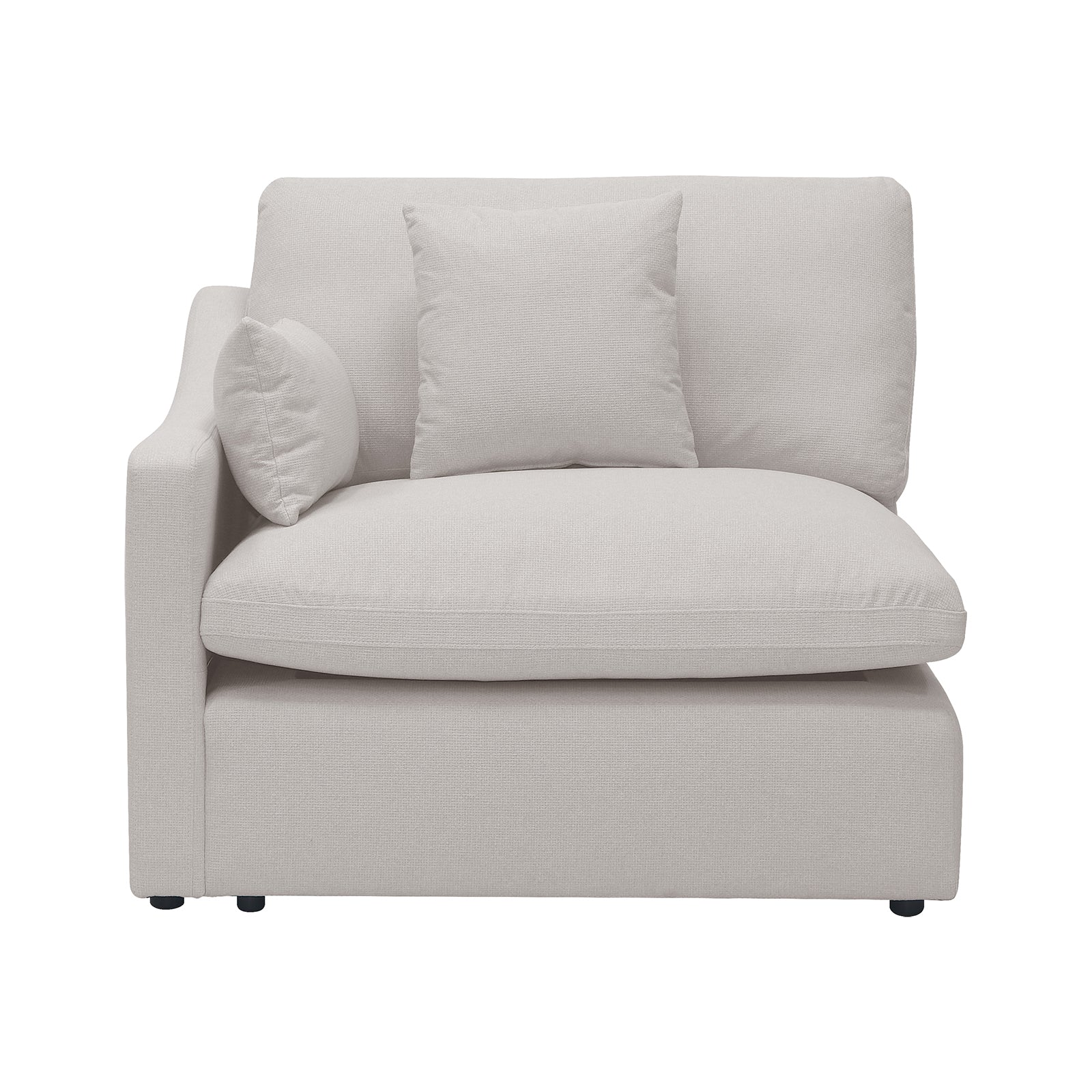 Millie 5-Seater Fabric Modular Sofa in light grey, showcasing its plush cushions and woven upholstery, designed for comfort and style in a living room setting.
