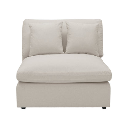 Millie 6-Seater Fabric Corner Chaise Sofa in light beige, featuring plush cushions and a modular design, displayed on a couch with a white pillow, highlighting its comfort and versatile setup.