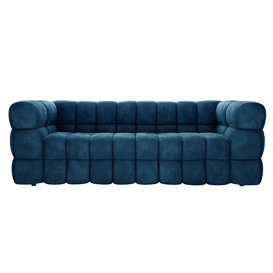 The Norah 3 Seater Velvet Sofa in Blue features a plush, deep-tufted design with rounded, grid-patterned cushioning, offering a modern and elegant look for contemporary living rooms.