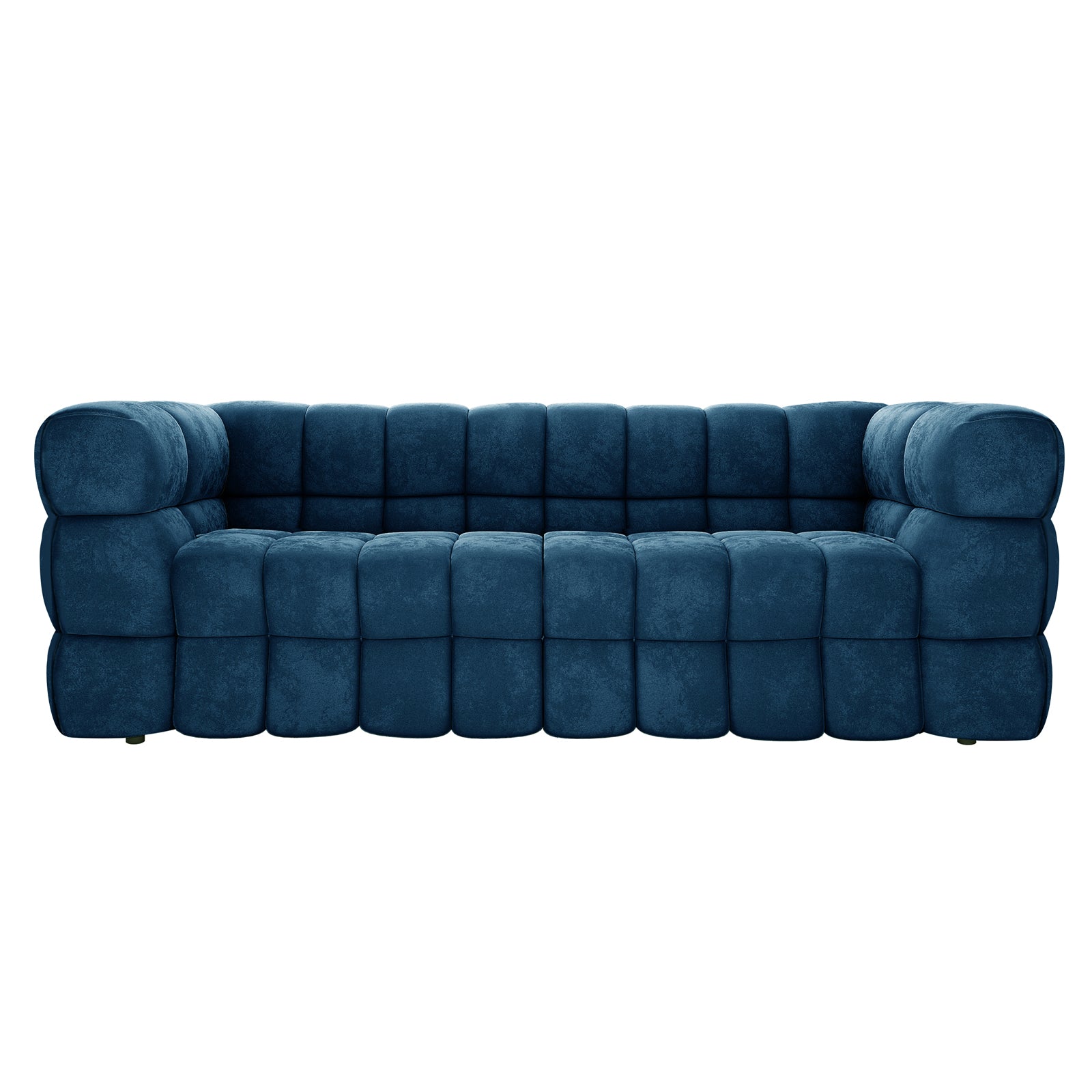 The Norah 3 Seater Velvet Sofa in Blue features a plush, deep-tufted design with rounded, grid-patterned cushioning, offering a modern and elegant look for contemporary living rooms.