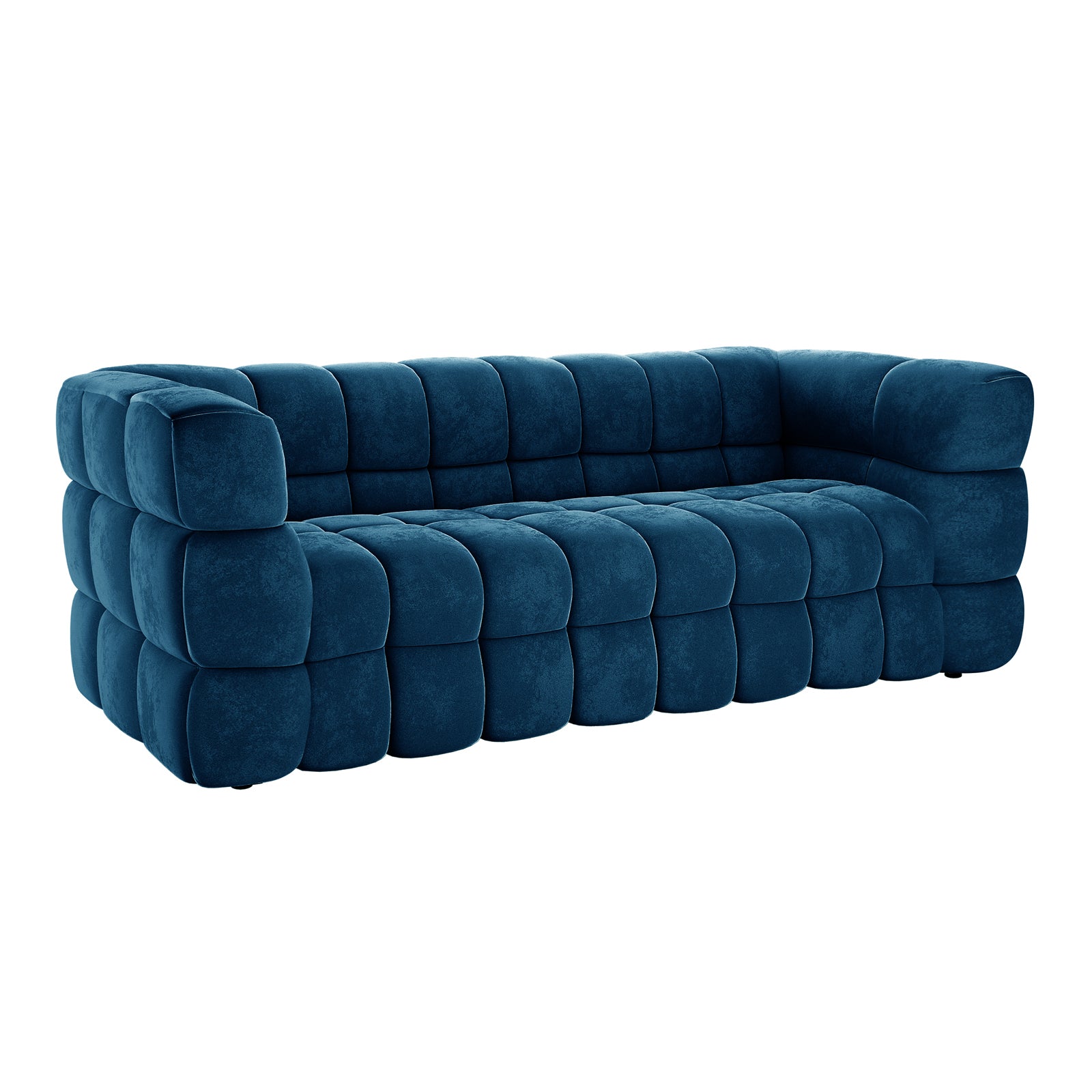 Norah 3 Seater Velvet Sofa in Blue, featuring a plush, sculptural design with tufted segments wrapping around the seat, back, and arms, showcasing modern elegance and comfort.