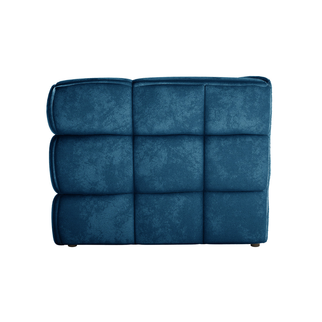 Norah 3 Seater Velvet Sofa in Blue; modular corner section with deep blue velvet upholstery, featuring nine tufted squares and low-profile feet, designed for modern living room elegance and comfort.