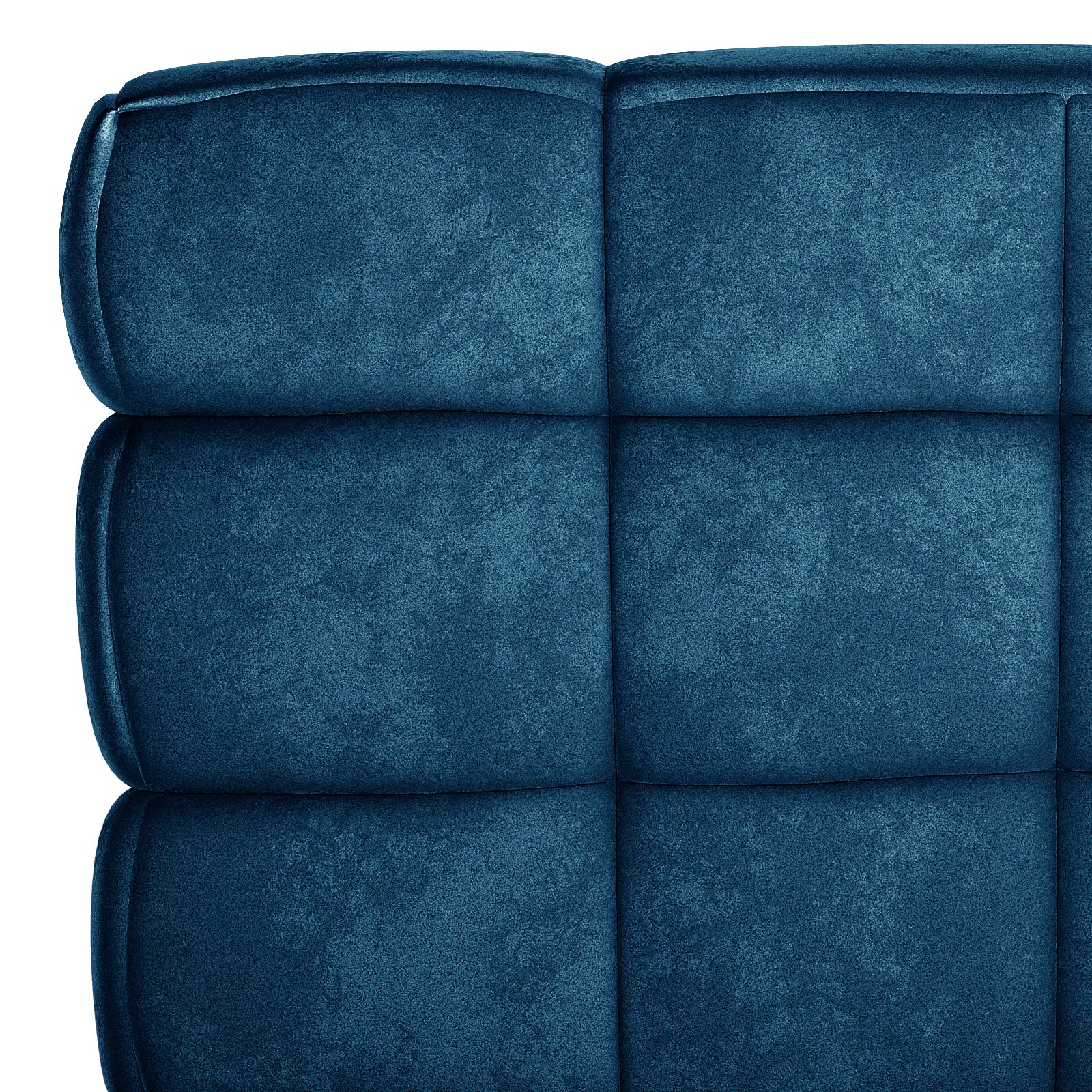 Close-up of the Norah 3 Seater Velvet Sofa in Blue, showcasing its tufted, padded grid-patterned upholstery with rounded seams, highlighting the luxurious, soft texture of the velvet fabric.