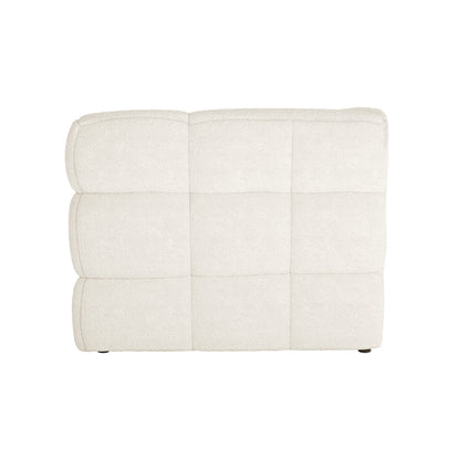 Norah 3 Seater Boucle Sofa in Cream White, featuring a left-arm-facing end piece, quilted square panels, and low dark feet, showcasing modern design and sophisticated boucle upholstery.