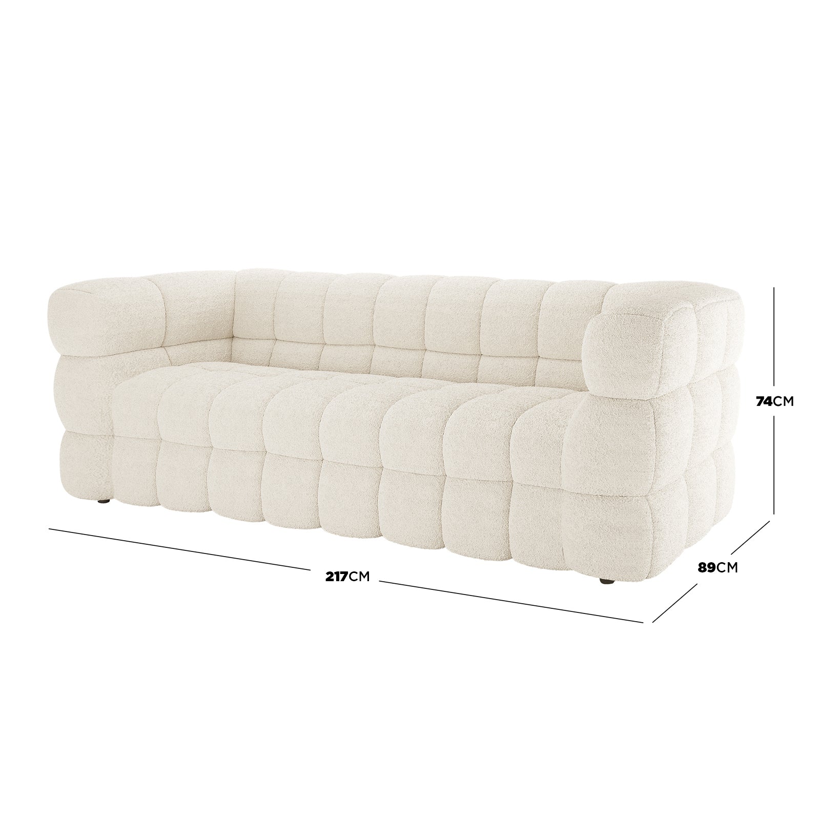 Norah 3 Seater Boucle Sofa in Cream White features quilted, block-tufted cushions in textured fabric, showcasing a modern design with dimensions: 217cm width, 89cm depth, 74cm height.