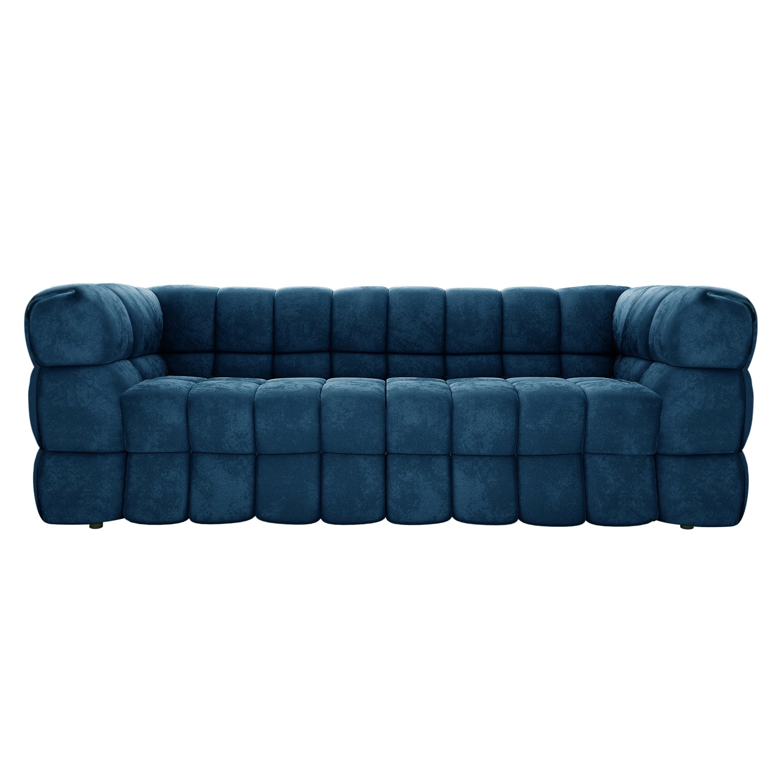 Norah 5 Seater Velvet Fabric Sofa Set in Blue featuring a modern design with deep-blue quilted upholstery, plush rounded cushions, and a low-profile, softly curved three-seater configuration.