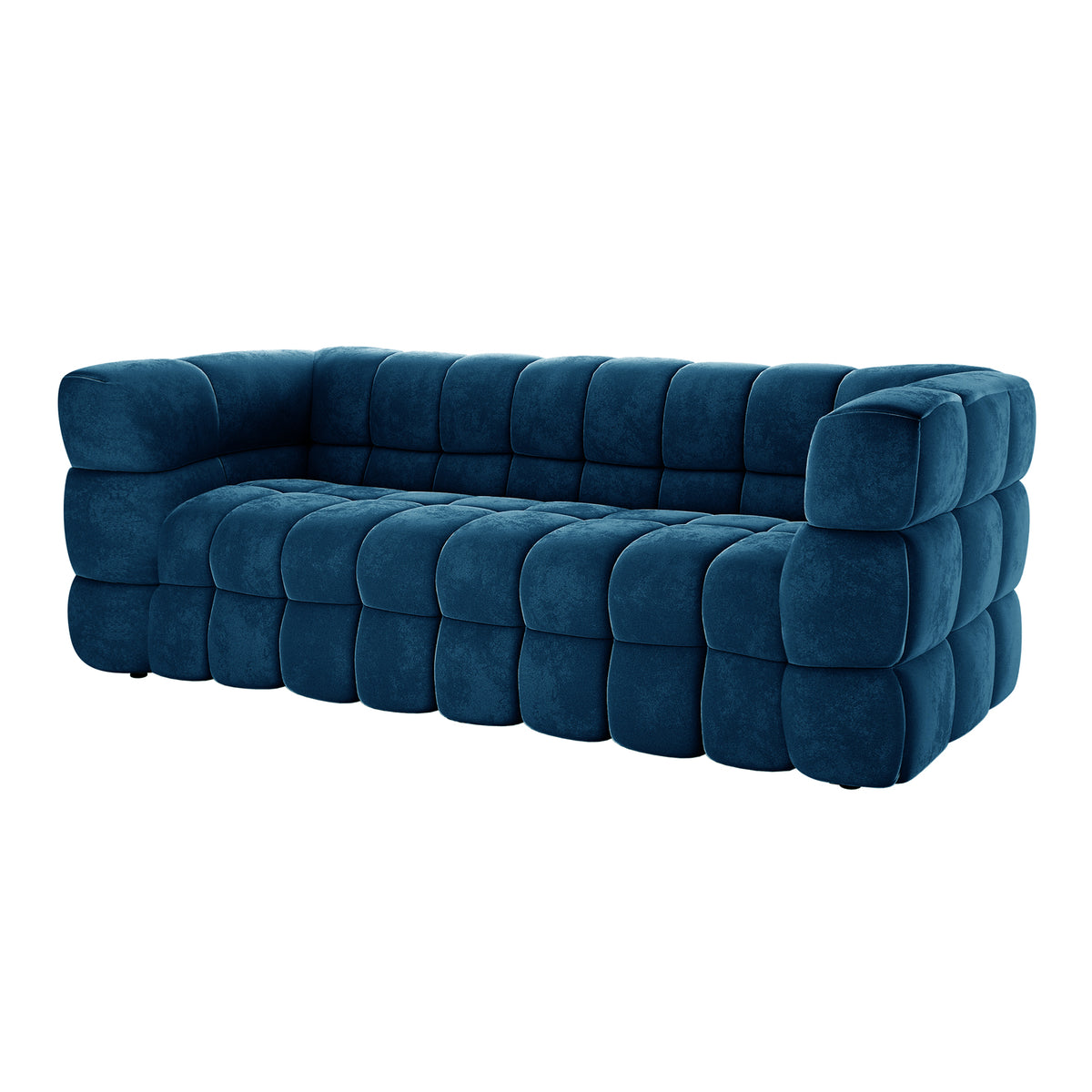 Norah 5 Seater Velvet Fabric Sofa Set in Blue featuring deep blue velvet upholstery, block-tufted design with soft cube-like cushions, and modular components displayed on a plain white background.