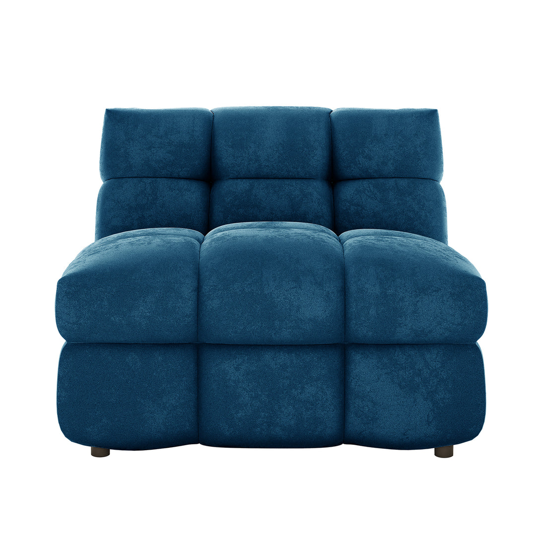 Norah 5 Seater Velvet Fabric Sofa Set in Blue features a plush, quilted single-seat module with oversized cube-like cushions and low feet for a modern, relaxed look.