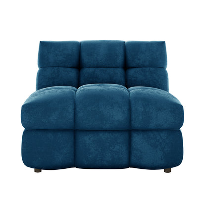 Norah 5 Seater Velvet Fabric Sofa Set in Blue features a plush, quilted single-seat module with oversized cube-like cushions and low feet for a modern, relaxed look.