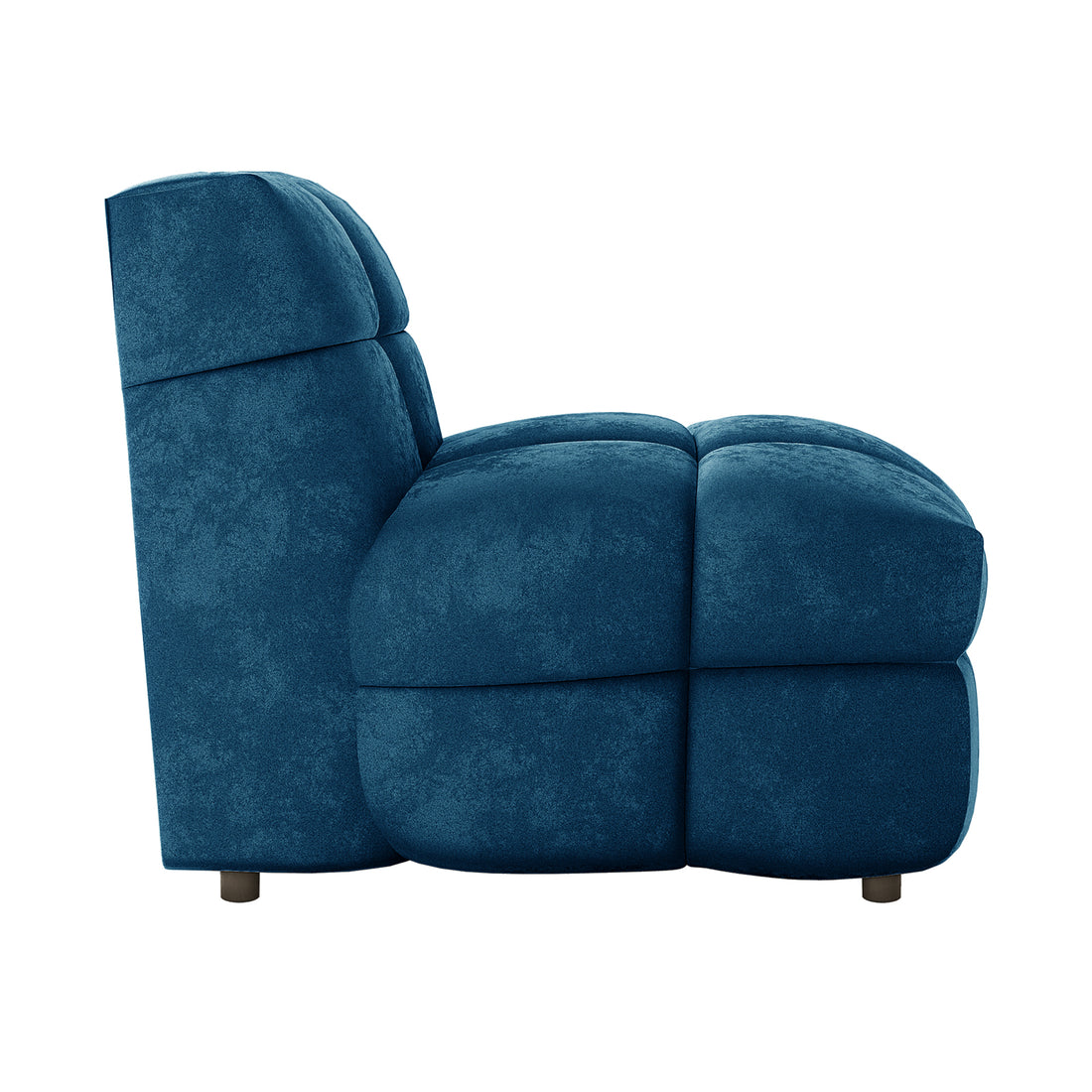 Norah 5 Seater Velvet Fabric Sofa Set in Blue features an armless, deep-blue modular lounge seat with chunky tufted cushions and short cylindrical feet, showcasing luxurious velvet upholstery against a white background.
