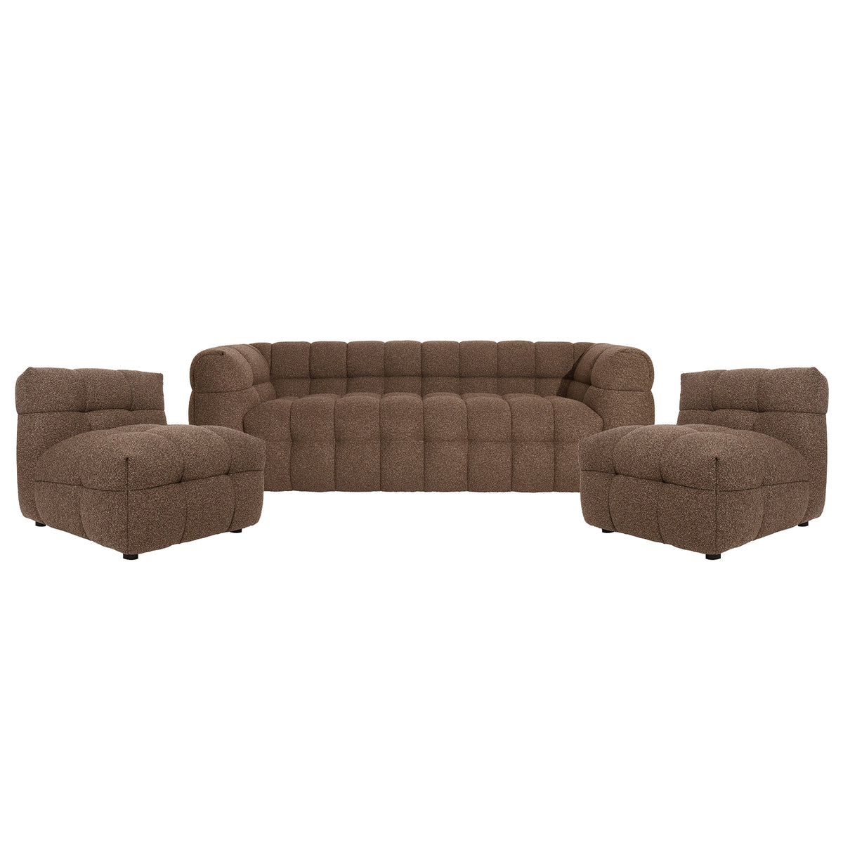 Norah 5-Seater Boucle Sofa Set with Armless Chairs in Brown, featuring a three-seat tufted sofa and two matching armless chairs, all with textured fabric and nearly hidden feet for a plush appearance.