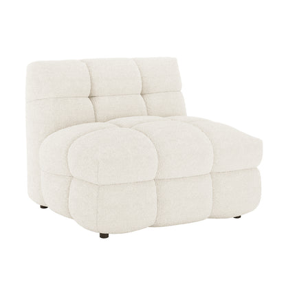 Norah 5 Seater Boucle Fabric Sofa Set in Cream White features a plush, textured armless lounge-chair section with tufted pillow panels, enhancing modern elegance and comfort.