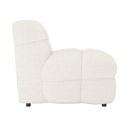 Norah 5 Seater Boucle Fabric Sofa Set in Cream White features a modern, armless lounge-seat module with soft, white tufted boucle upholstery, showcasing elegant, low-slung design and rounded paneling.