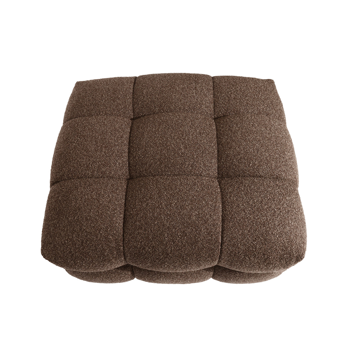 Norah 5 Seater Boucle Sofa Set With Ottoman in Brown, featuring a square, tufted pouf with a 3×3 grid of padded tufts, upholstered in textured brown fabric for a quilt-like appearance.