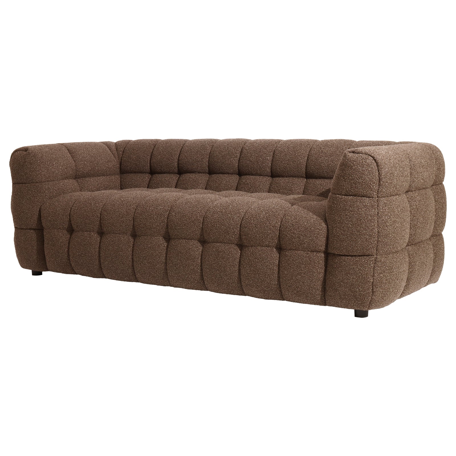 Norah 5 Seater Boucle Sofa Set With Ottoman in Brown features a low-profile, tufted three-seat sofa with textured fabric, showcasing a quilted appearance on the seat, back, and arms.