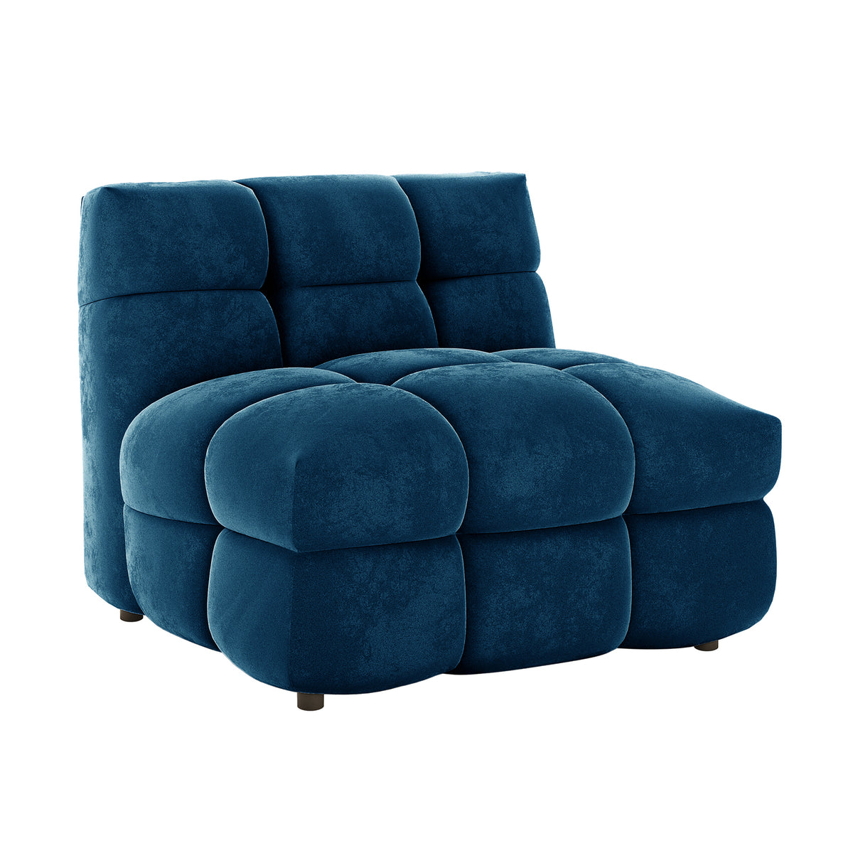 Norah Single Seater Tufted Velvet Sofa in Blue, featuring a deep blue/teal velvet-like fabric, rounded square tufted cushions, and a modern, low-profile, armless design for a luxurious, space-saving seating option.