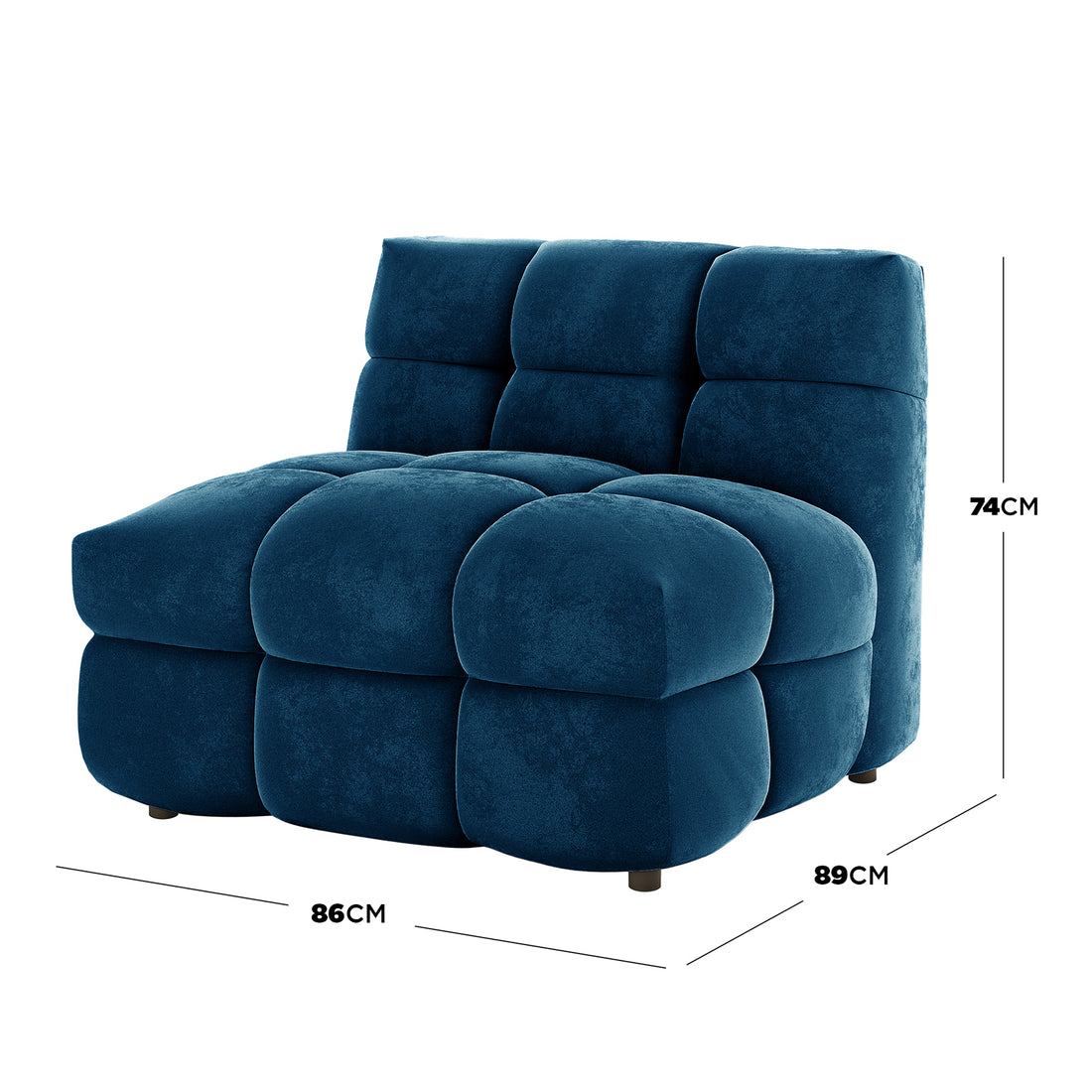 Norah Single Seater Tufted Velvet Sofa in Blue, featuring deep blue/teal plush upholstery with chunky tufted cushions for seat and backrest, armless design, ideal for compact spaces.