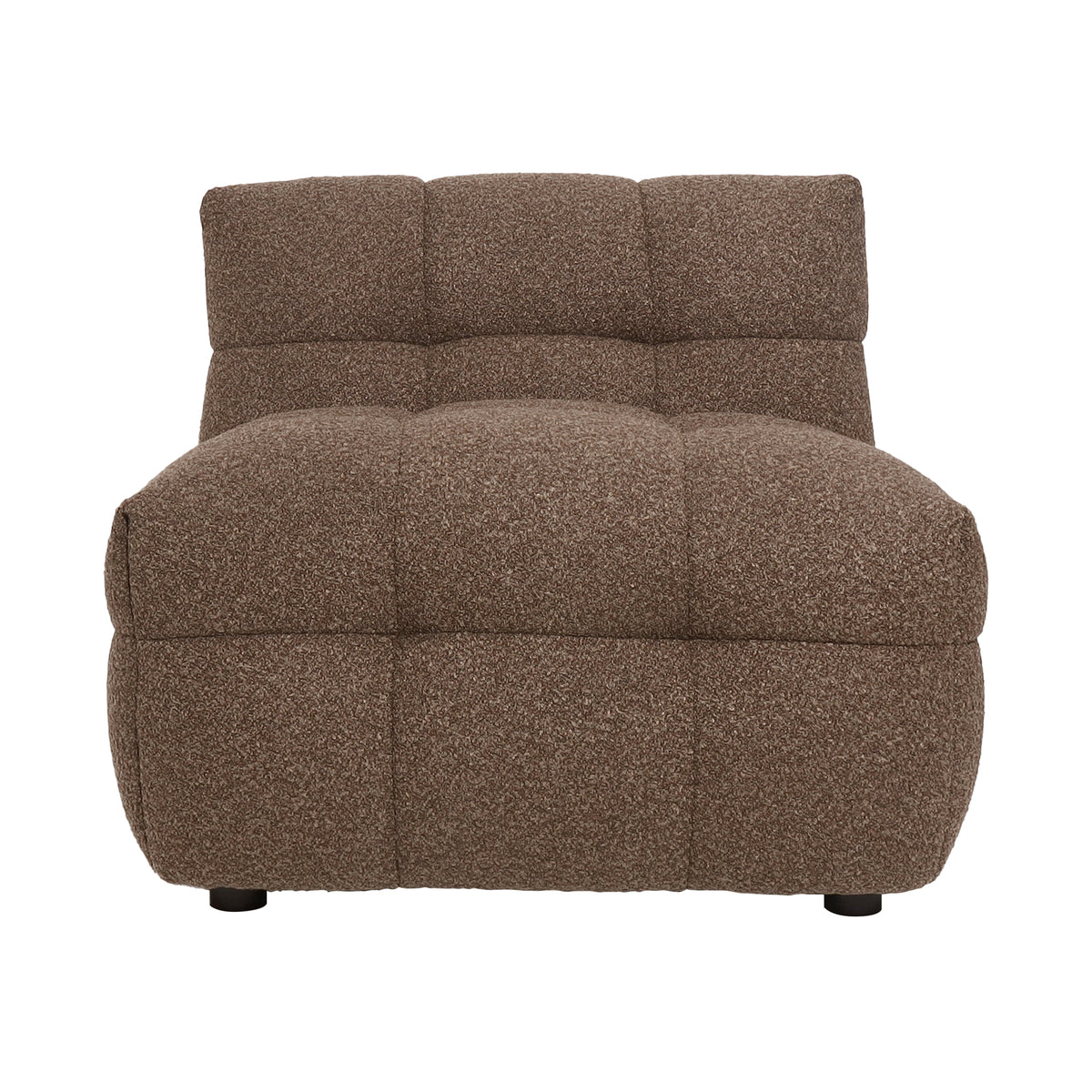 Norah Boucle Single Seater Sofa in Brown, featuring armless design, tufted upholstery, and plush cushioning, offers a modern, compact seating solution with a solid wood frame for stability and comfort.