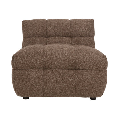 Norah Boucle Single Seater Sofa in Brown, featuring armless design, tufted upholstery, and plush cushioning, offers a modern, compact seating solution with a solid wood frame for stability and comfort.