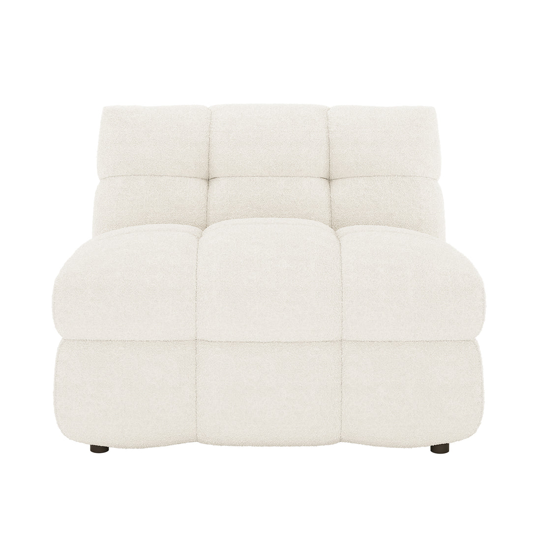 Norah Single Seater Boucle Sofa in Cream White with tufted, cushioned squares and off-white boucle fabric, featuring a low profile and short legs, combining modern style with comfort.