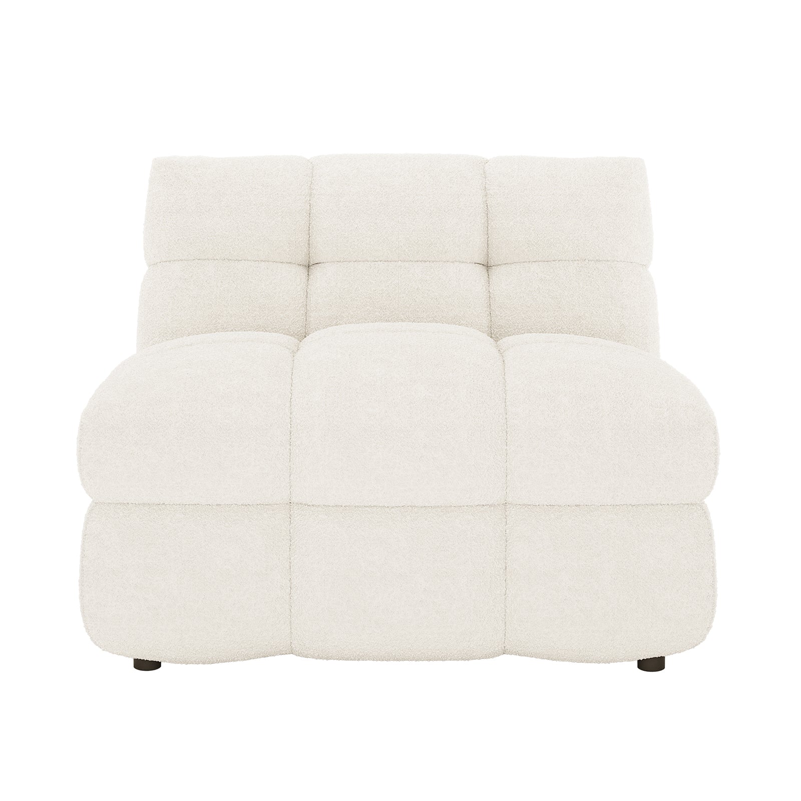 Norah Single Seater Boucle Sofa in Cream White with tufted, cushioned squares and off-white boucle fabric, featuring a low profile and short legs, combining modern style with comfort.