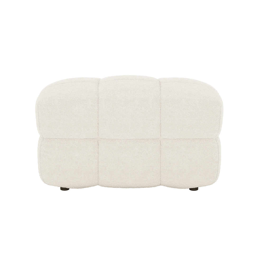 Norah Boucle Ottoman in Cream White features a modular design with six rounded pillow sections, upholstered in boucle fabric, offering comfort and versatility as a footstool, seating, or accent piece.