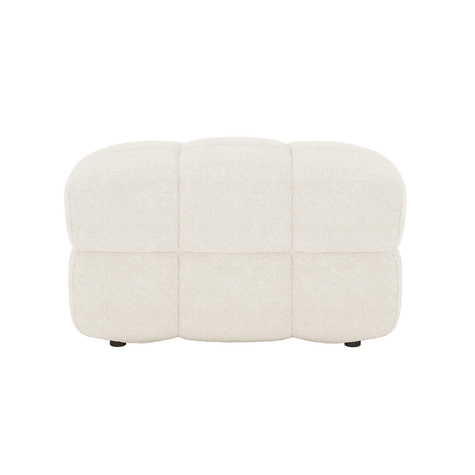 Norah Boucle Ottoman in Cream White features a modular design with six rounded pillow sections, upholstered in boucle fabric, offering comfort and versatility as a footstool, seating, or accent piece.