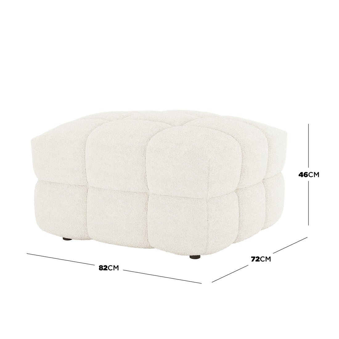 Norah Boucle Ottoman in Cream White, a square ottoman with rounded tufted panels in boucle fabric, featuring dimensions of Width 82 cm, Depth 72 cm, and Height 46 cm, on low-profile feet.