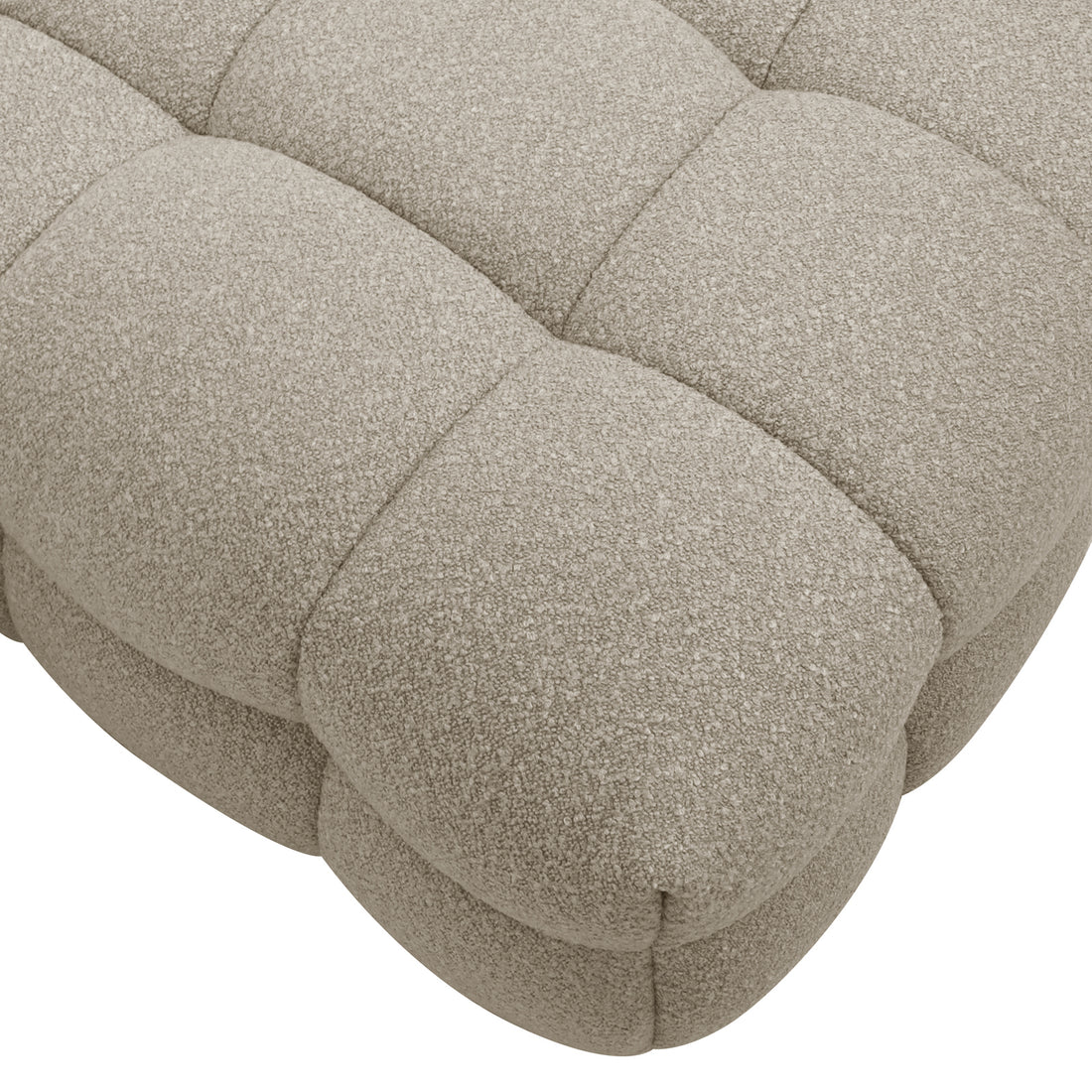 Norah Boucle Ottoman in Warm Beige, featuring soft, rounded square tufts upholstered in textured bouclé fabric, ideal for adding understated elegance and comfort to your space.